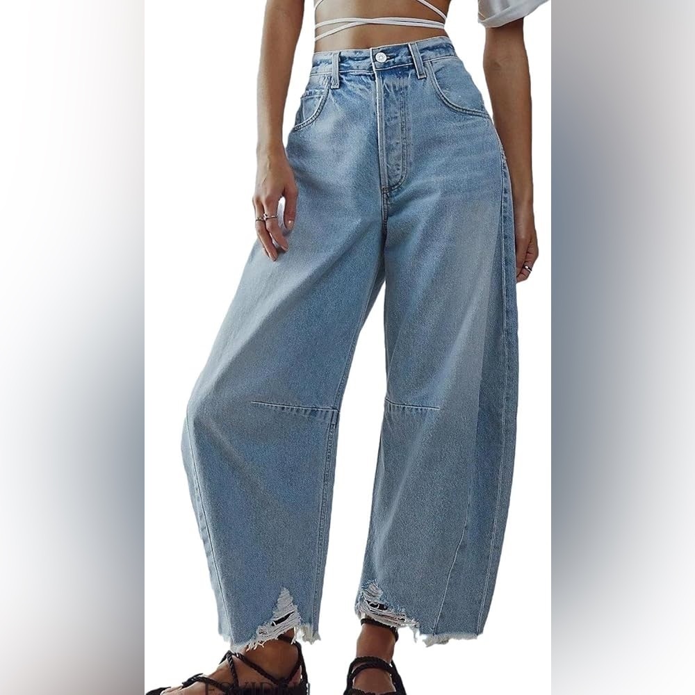 Y2K Baggy Barrel Wide Leg Distressed Jeans Light Wash Raw Hem Streetwear